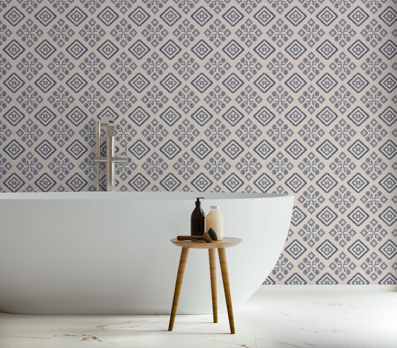 Elegant Moroccan lattice inspired wall decor in blue grey shades for bathroom interior