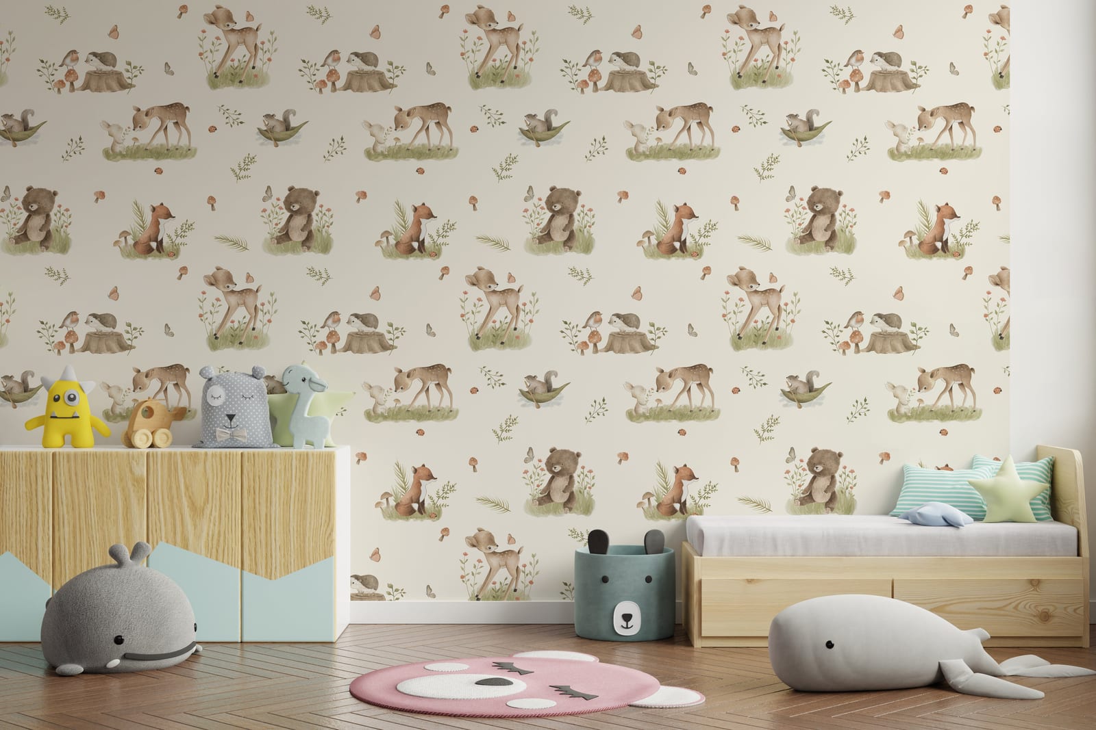 Whimsical wildlife illustration placed on baby nursery backdrop introducing gentle earth tones and peaceful natural design concept.