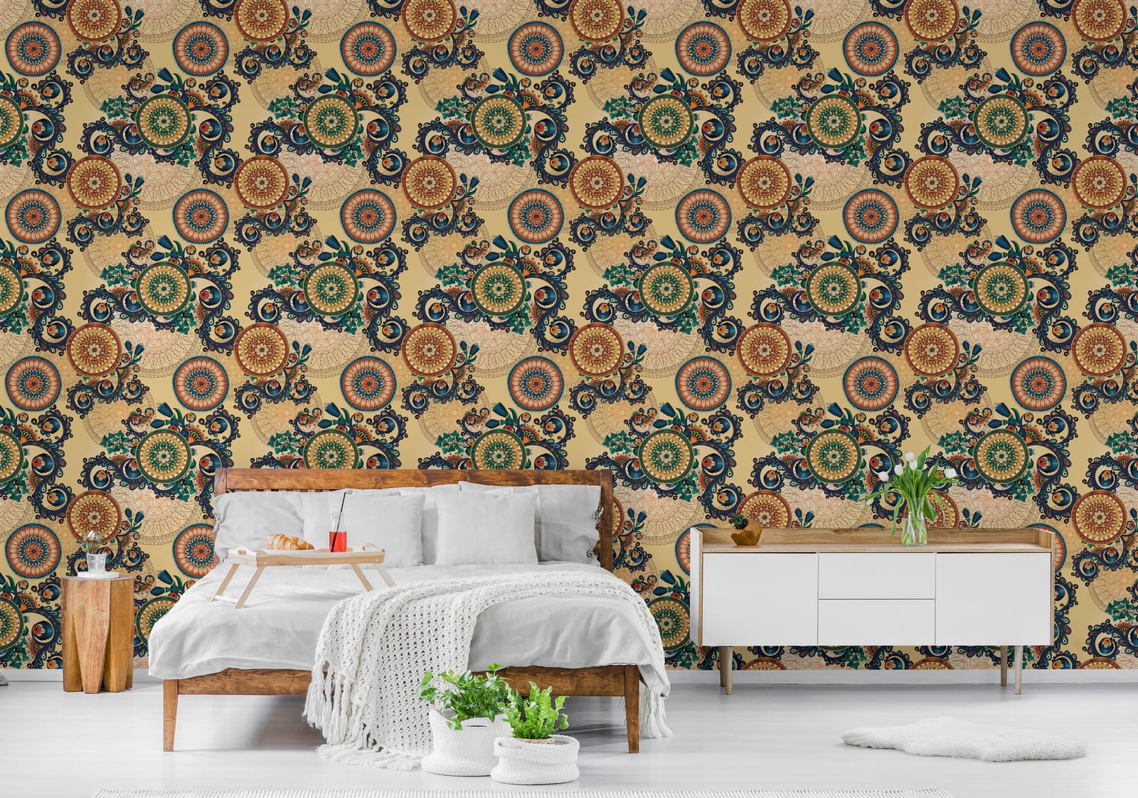Eye-catching bedroom wall decor featuring bohemian mandala wallpaper in multicolor earthy tone palette
