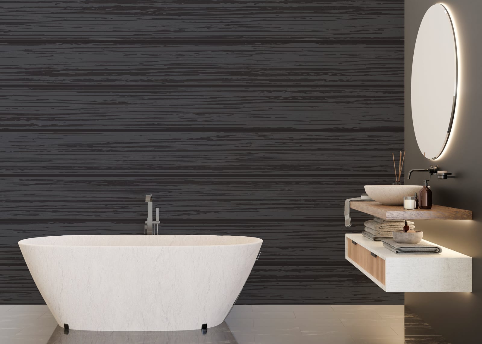Black wooden texture mural delivering luxury and bold contrast to a contemporary bathroom.