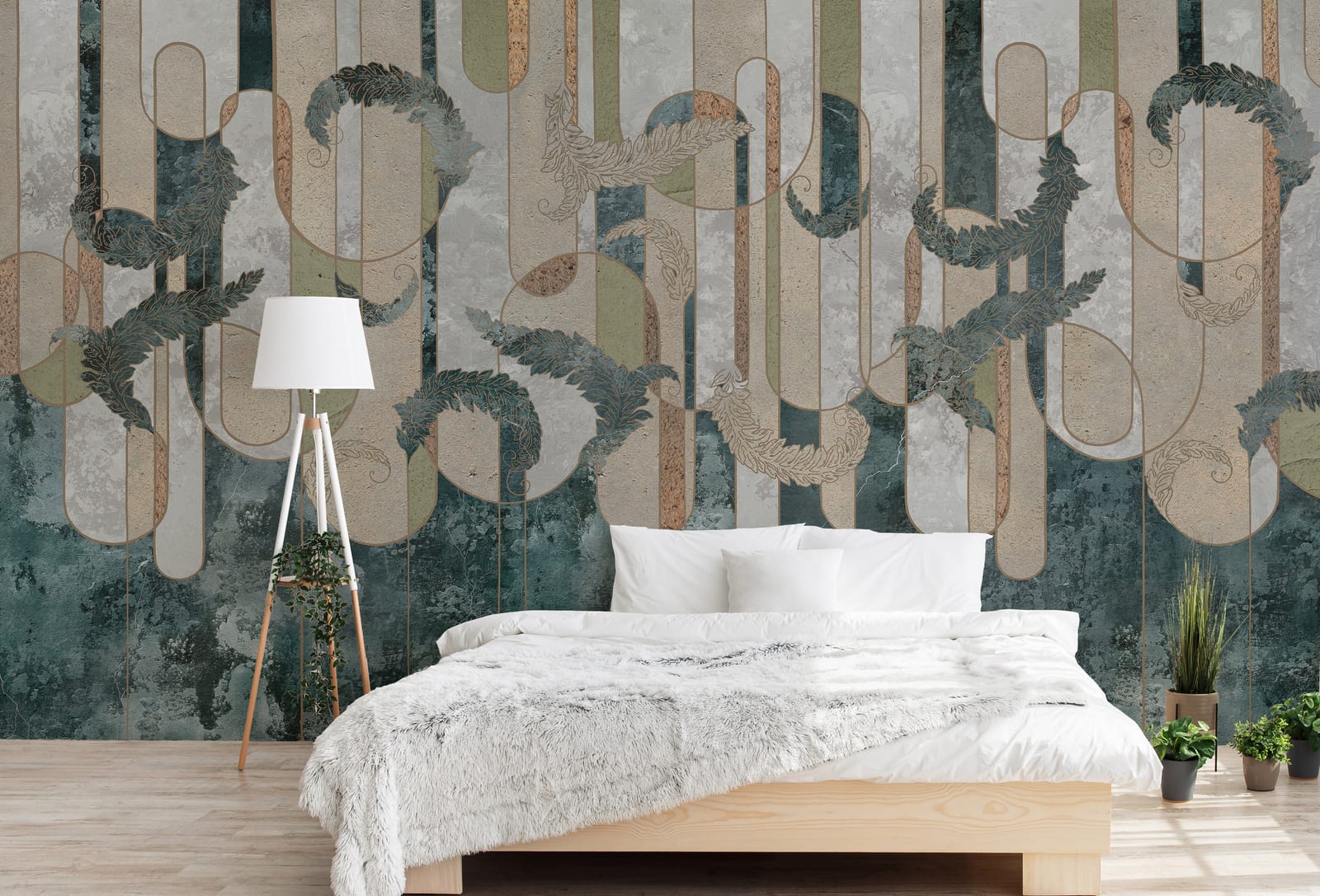 Modern geometric wallpaper featuring textured teal and beige tones for stylish bedroom walls