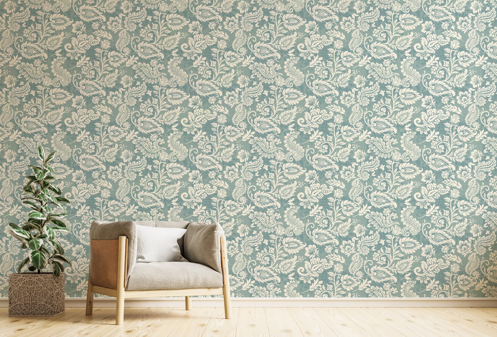 Vintage Teal Floral Living Room Peel and Stick Wallpaper
