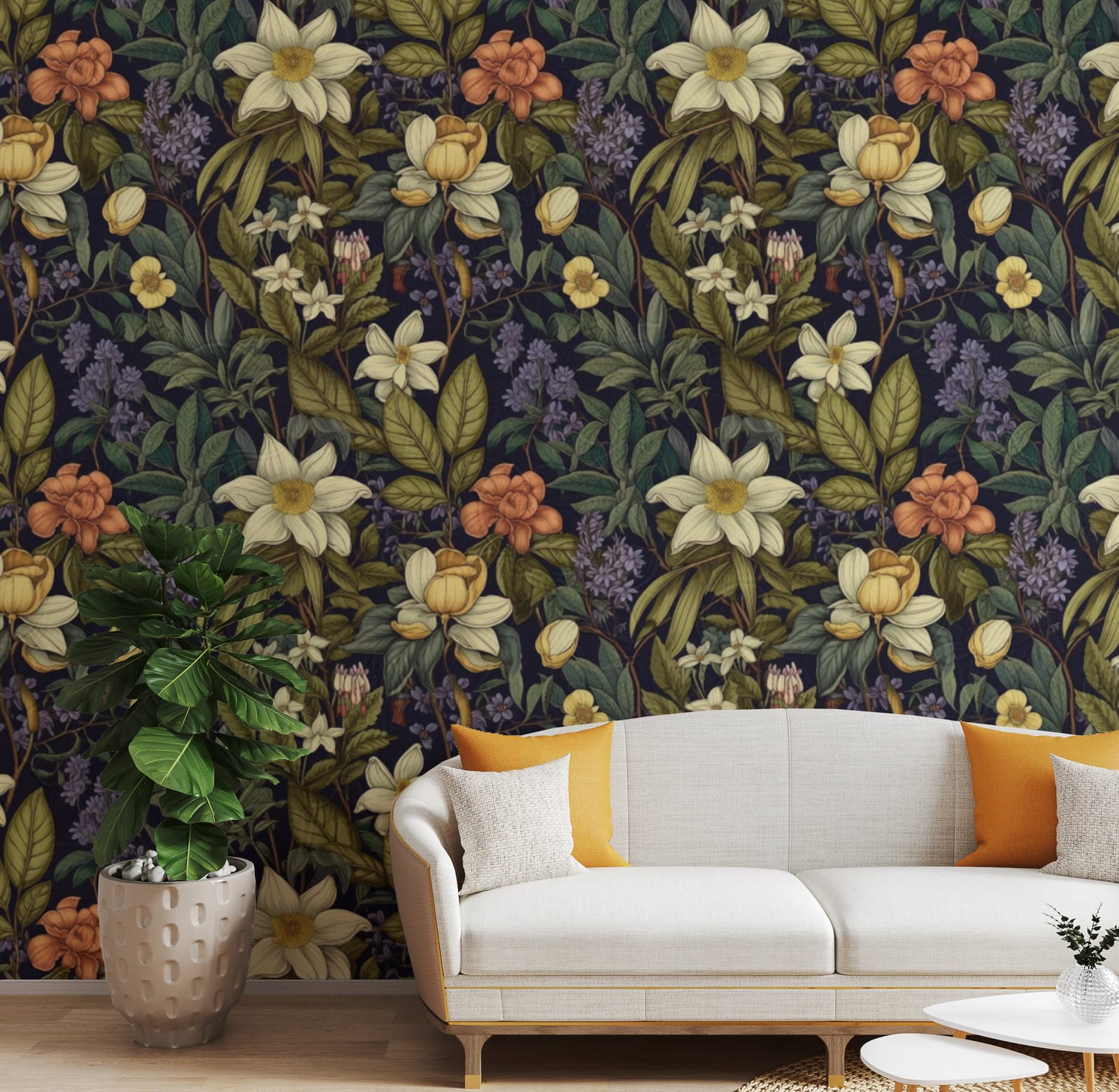 Elegant living room wall decor featuring botanical floral wallpaper with dark green leaves, ideal accent wall