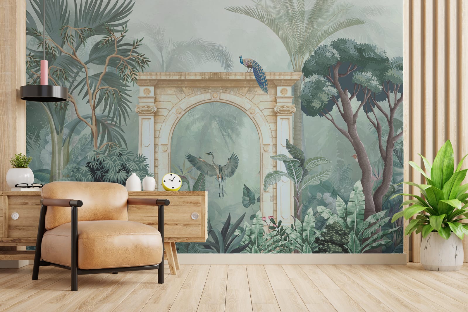 Exotic peacock jungle pattern removable wall design for stylish bedroom background