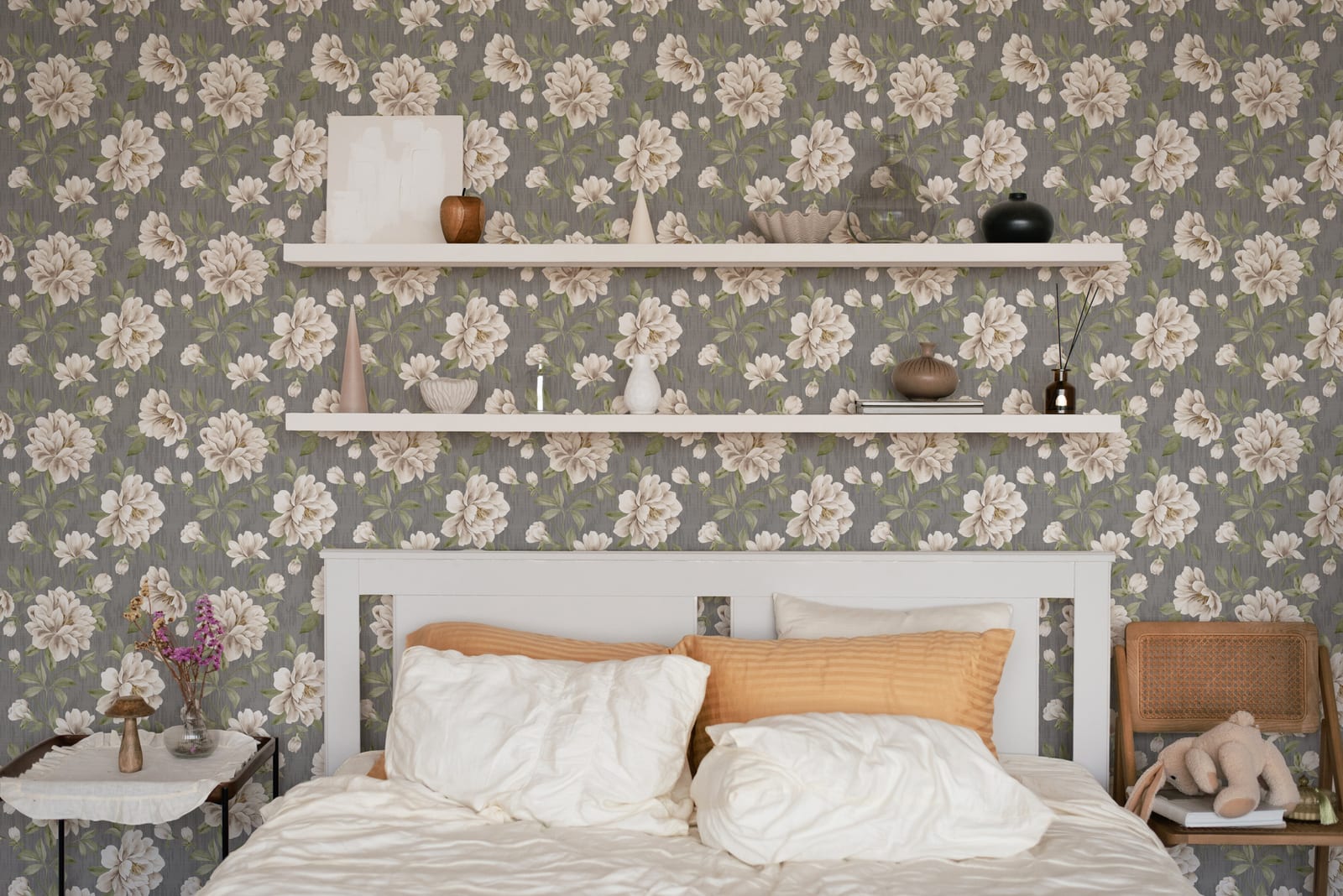 Vintage flower wall mural wallpaper with neutral grey botanical design for modern bedroom