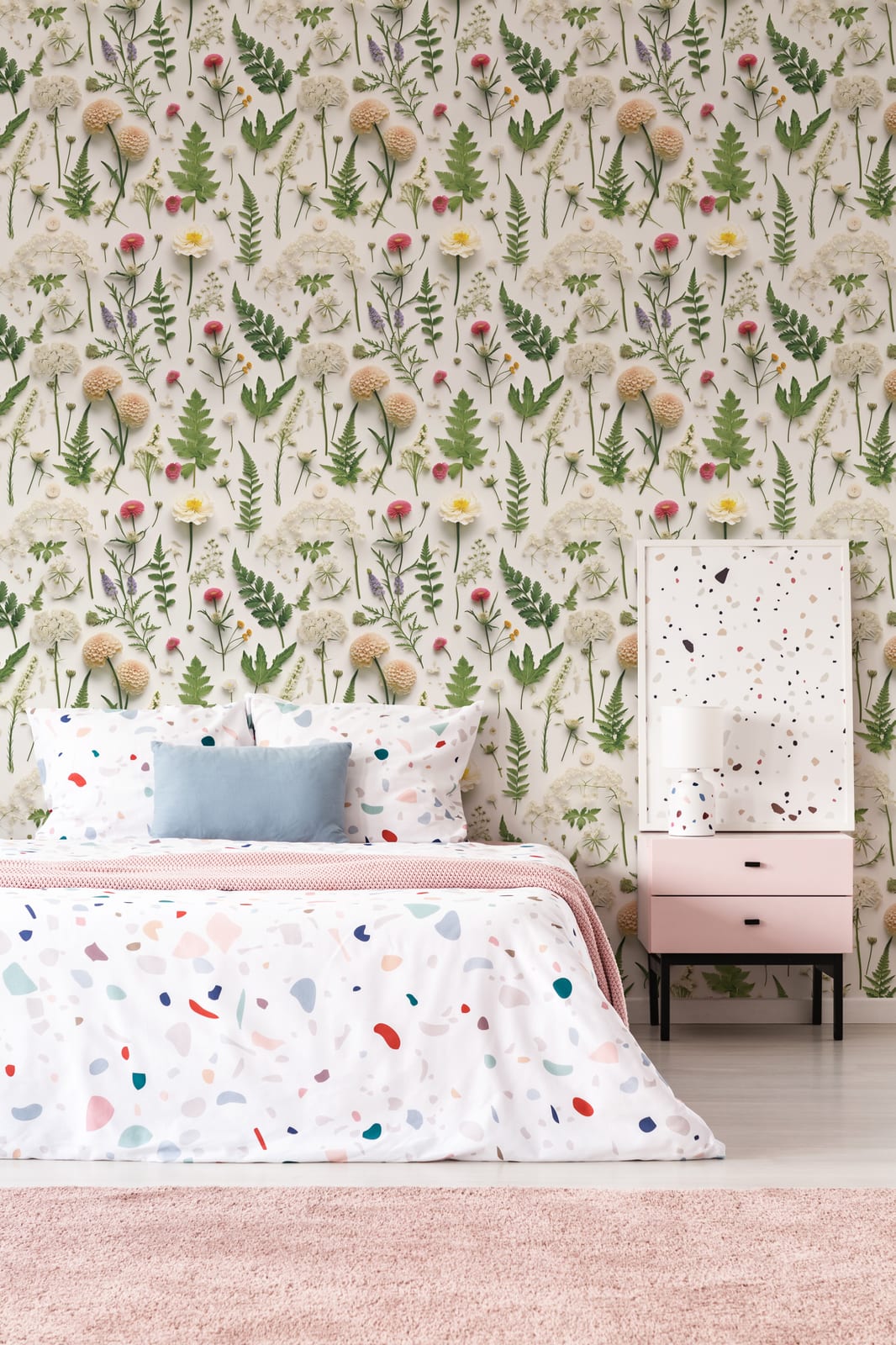 Floral wall decor featuring beige background, leafy pattern, cozy bedroom feature wall styling