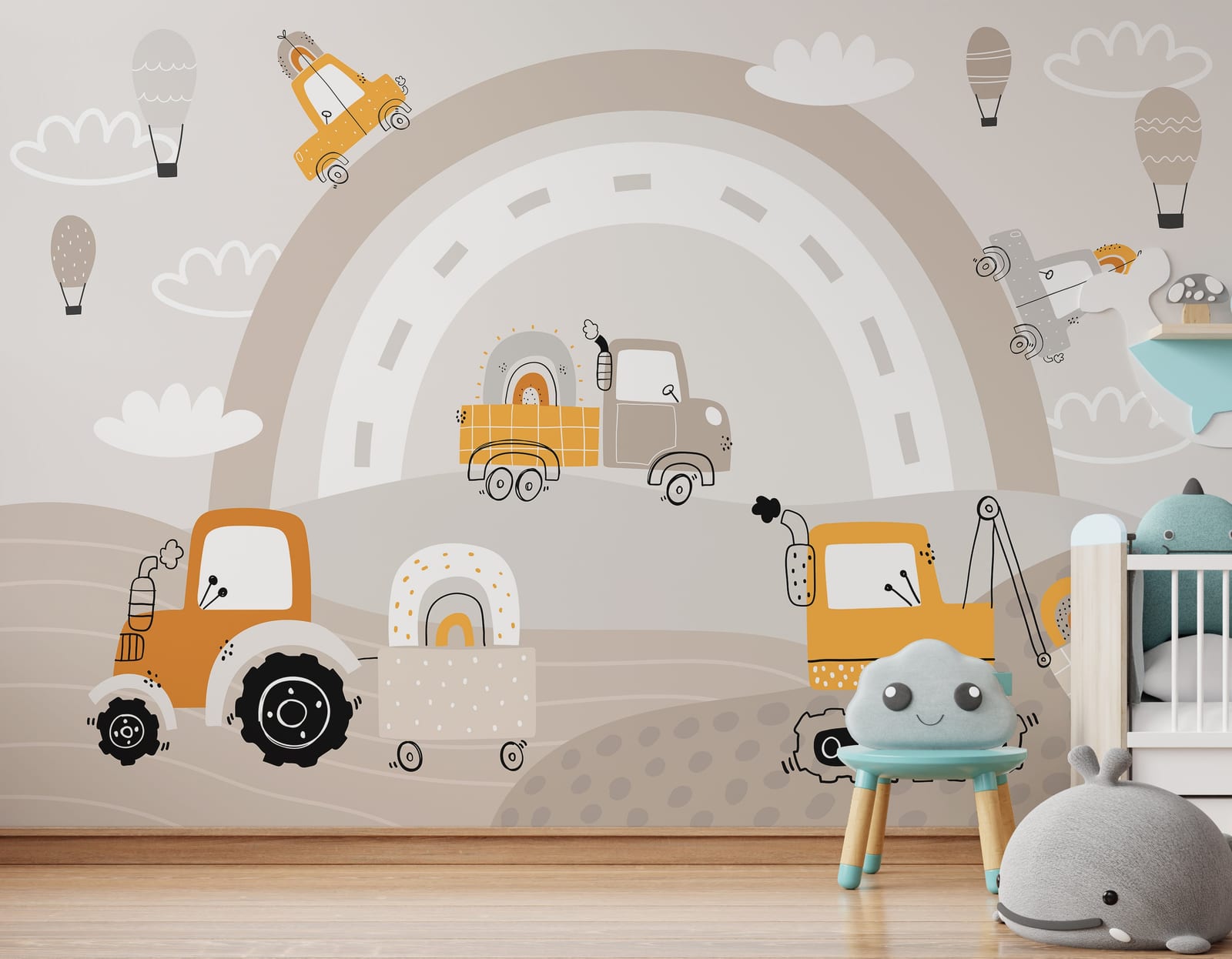 Cute vehicle themed wallpaper with tractor excavator illustration for kids playroom