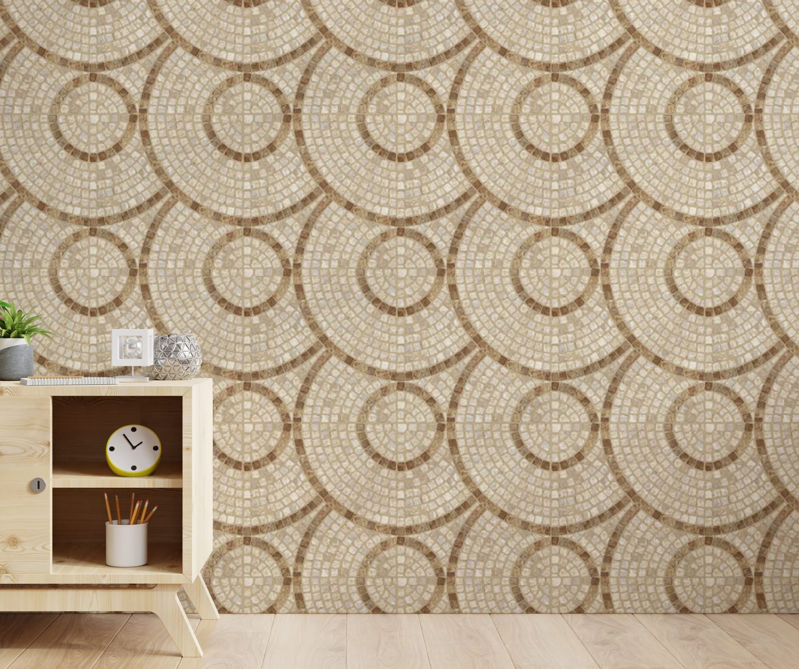 Luxury mosaic tile pattern wallpaper adding geometric elegance to modern living room walls