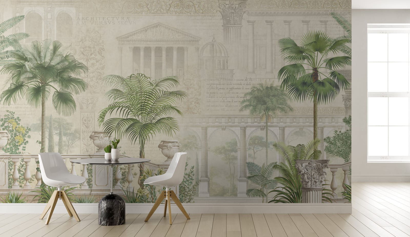Luxury botanical wallpaper with Roman courtyard design, suited for California, Melbourne, Madrid, and upscale urban interiors.