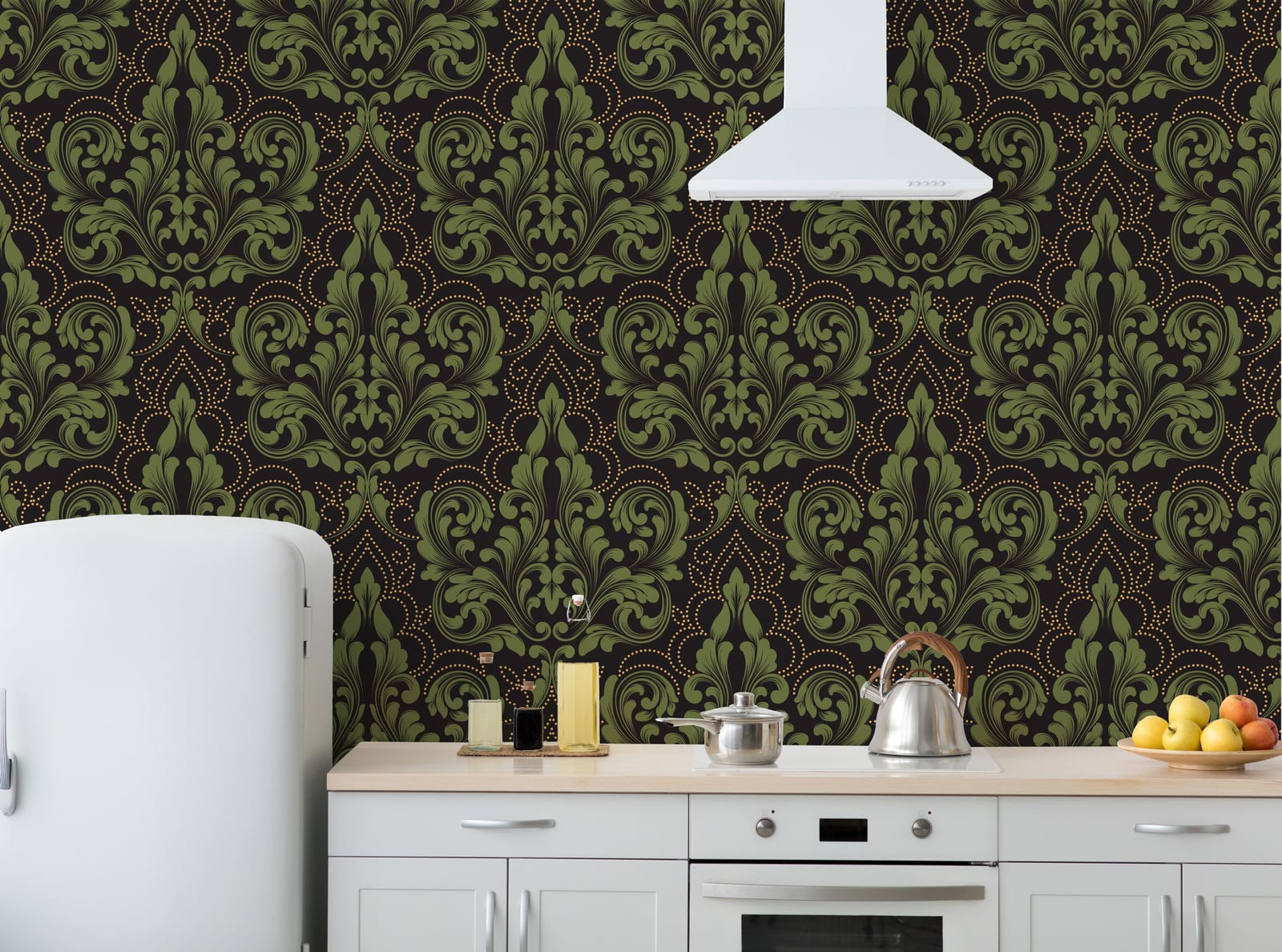 Classic kitchen wallpaper featuring intricate green damask pattern with golden dotted accents