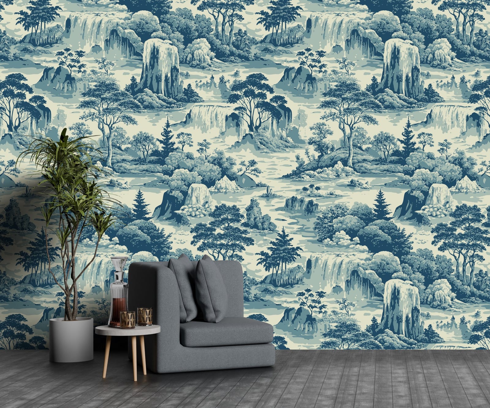 Toile landscape mural showing waterfalls and trees, elegant home office feature wall decor