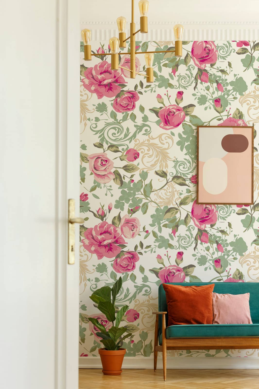 Vintage rose floral wallpaper with blush pink blooms creating elegant and luxurious living room decor