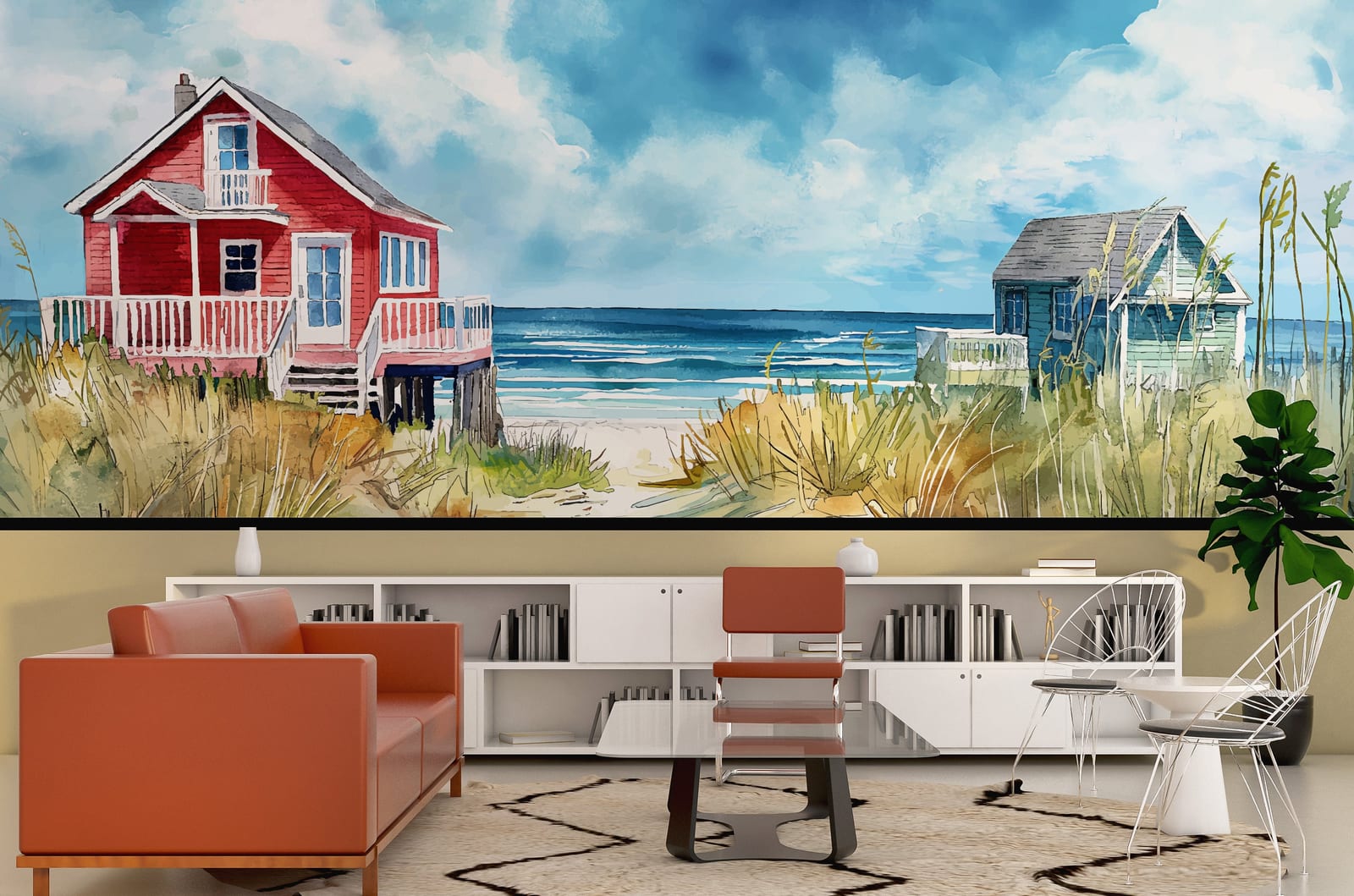 Coastal beach house wall mural with ocean waves and cottages for modern living room