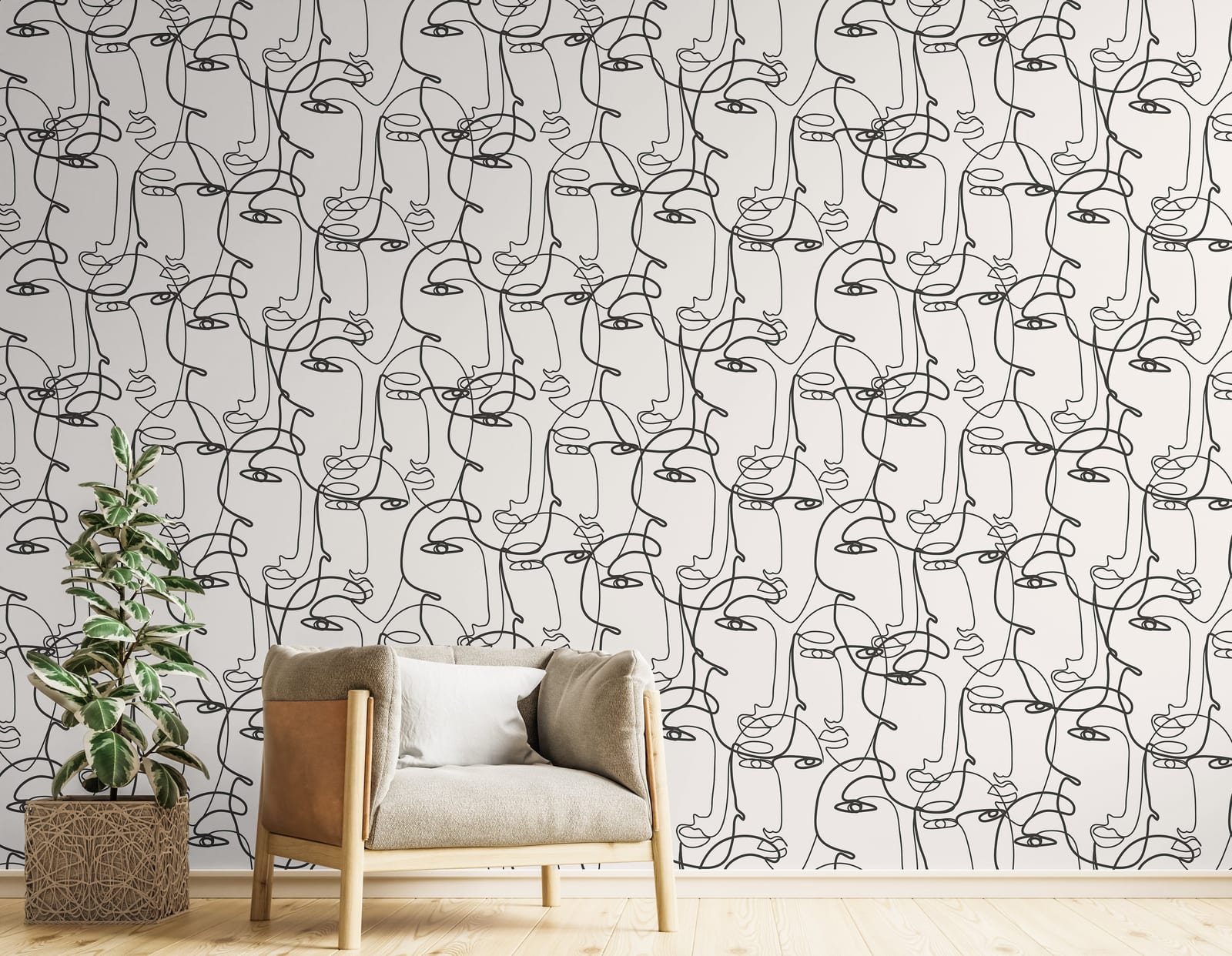 Welcoming hallway interior decorated through expressive portrait line sketch pattern producing gallery atmosphere