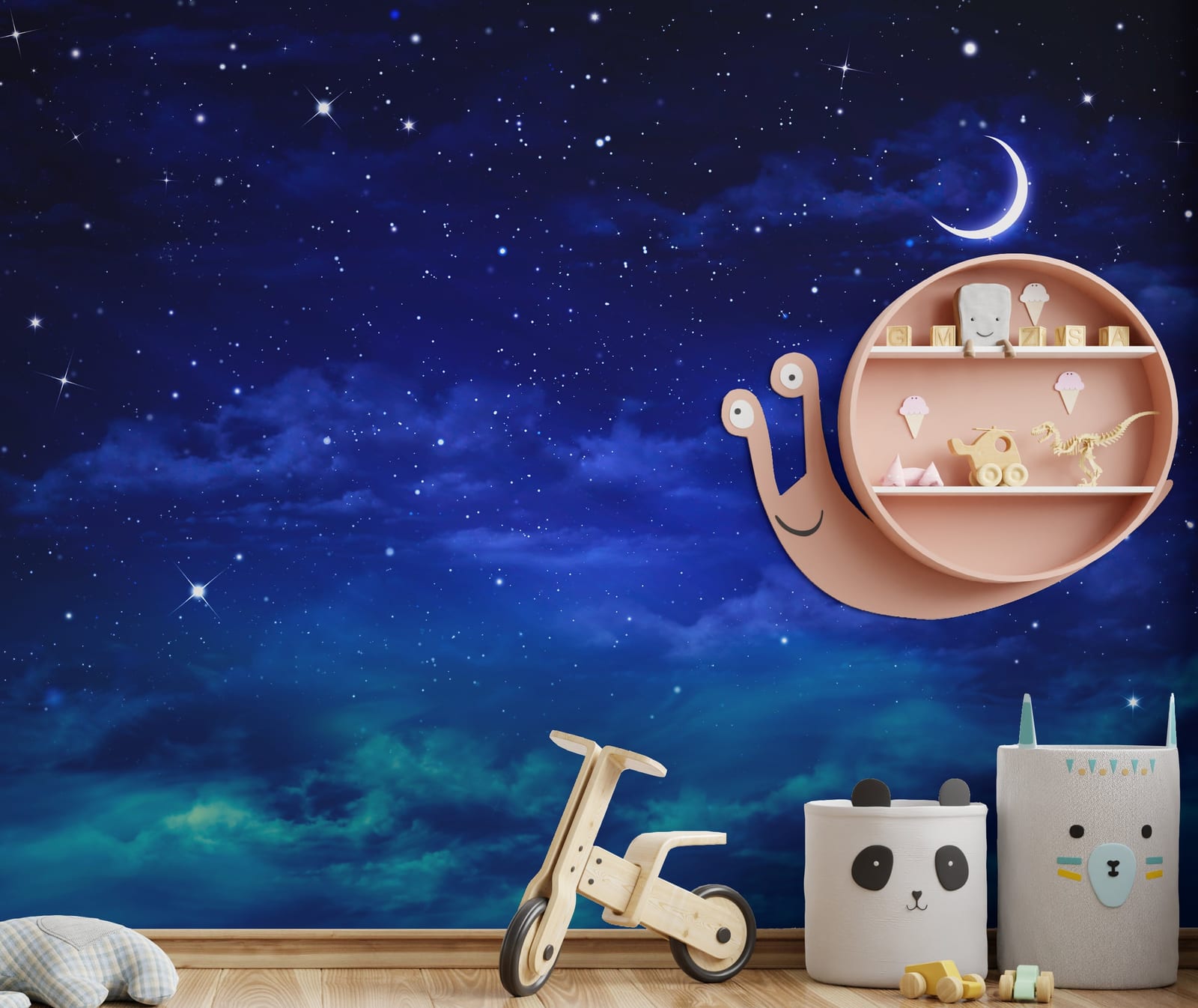 Shimmering universe wallpaper mural arranged on children activity room wall forming playful cosmic atmosphere