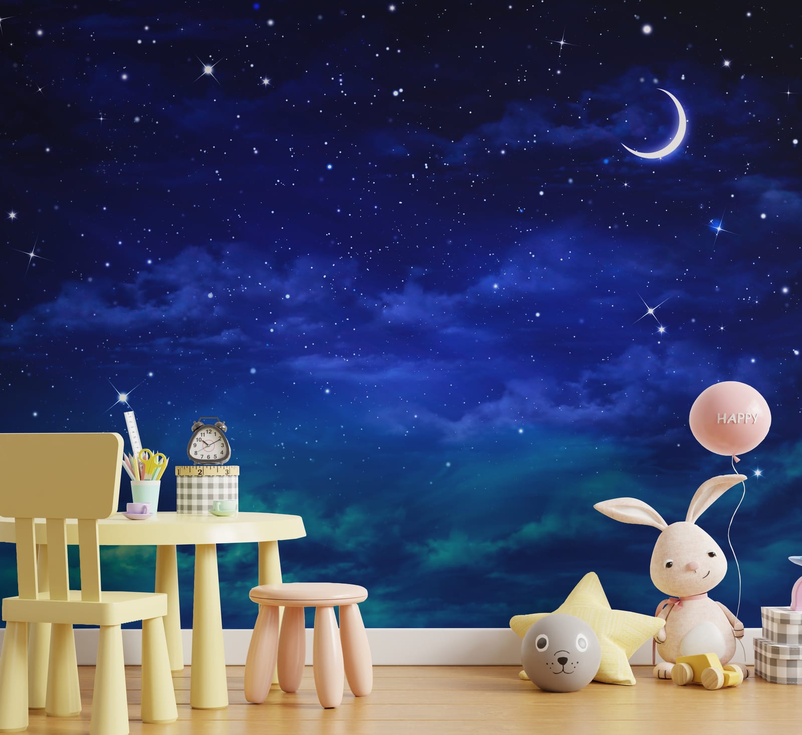 Moon and galaxy wallpaper mural installed on children playroom wall creating magical cosmic atmosphere
