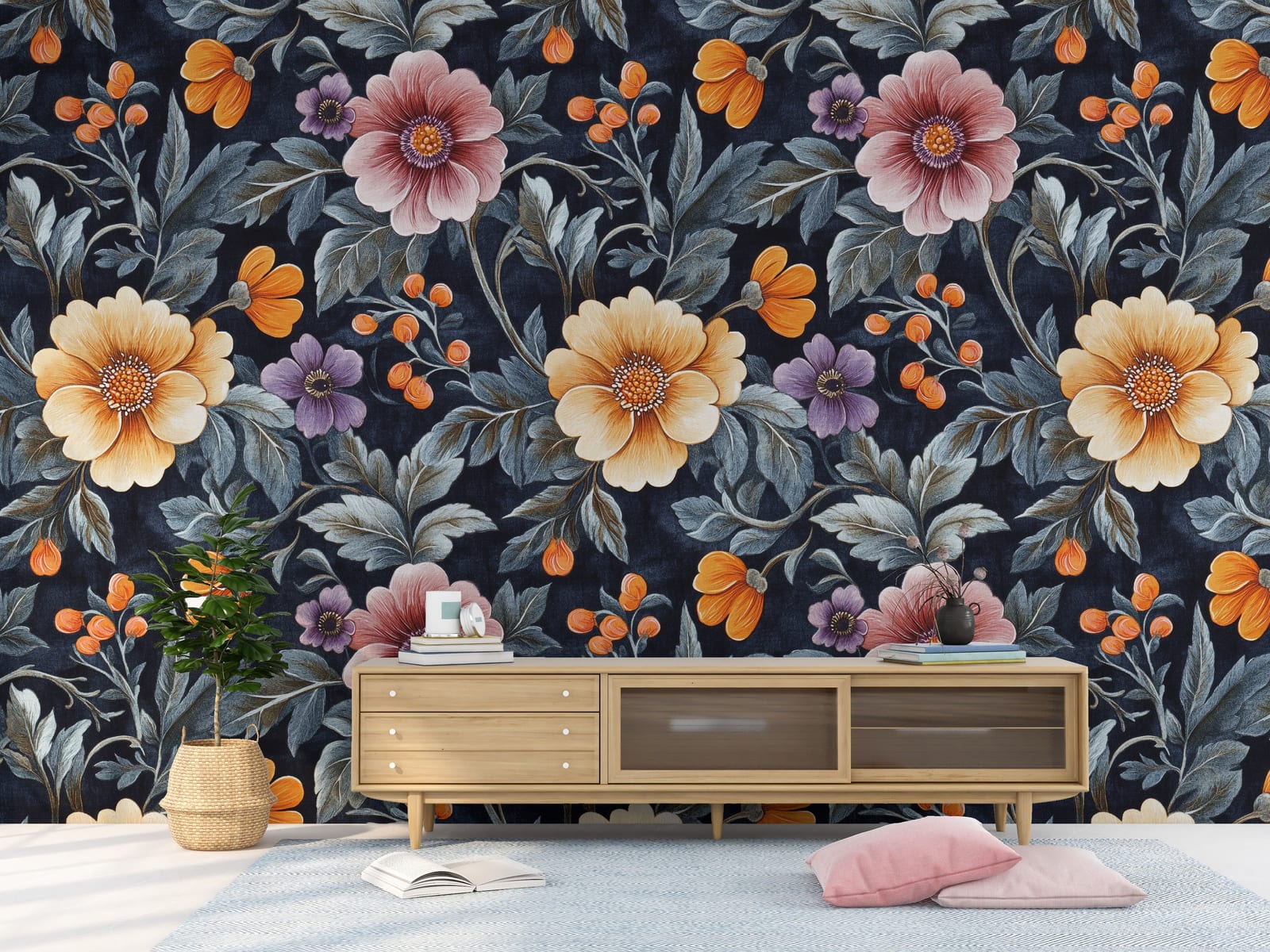 Dark floral wallpaper with bold orange blooms and navy background for living room accent wall