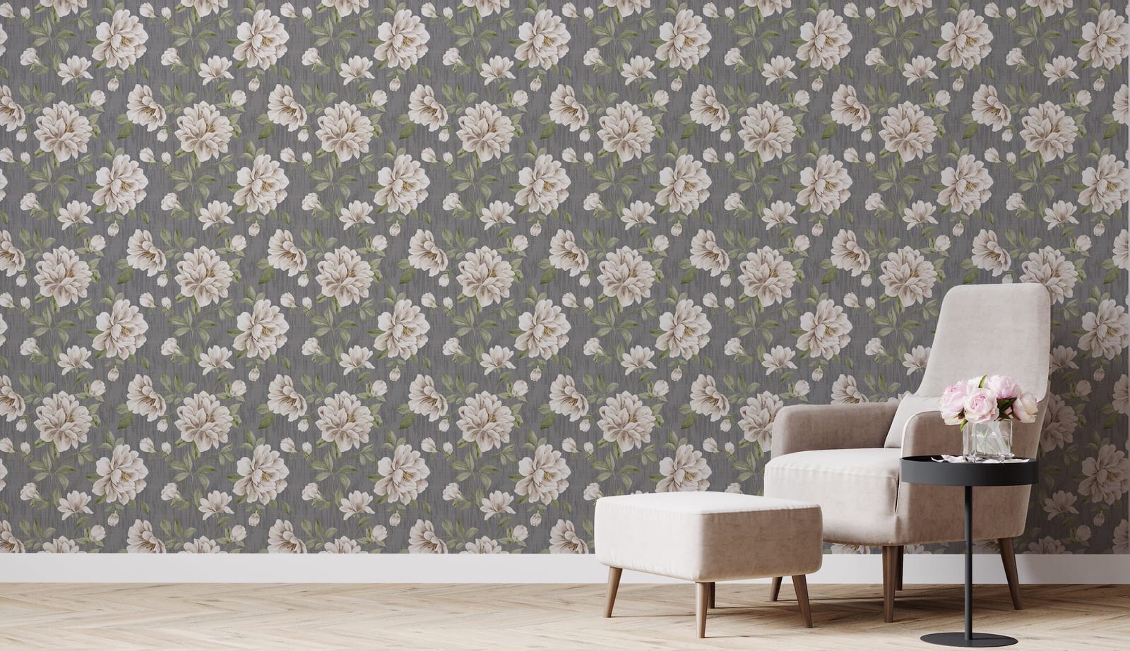 Botanical floral wall mural wallpaper with soft grey and white blossom pattern for modern living room