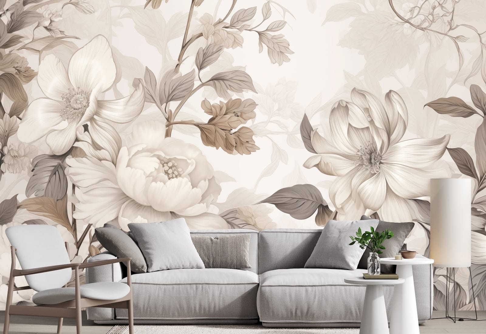 Graceful beige floral illustration wallpaper elevating luxury living interior atmosphere beautifully.