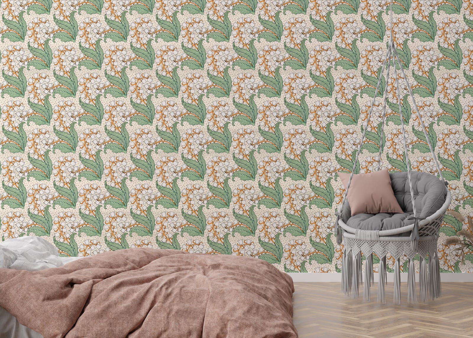 Elegant bedroom wall decor featuring botanical wallpaper with green leaves, orange vines, peel and stick accent