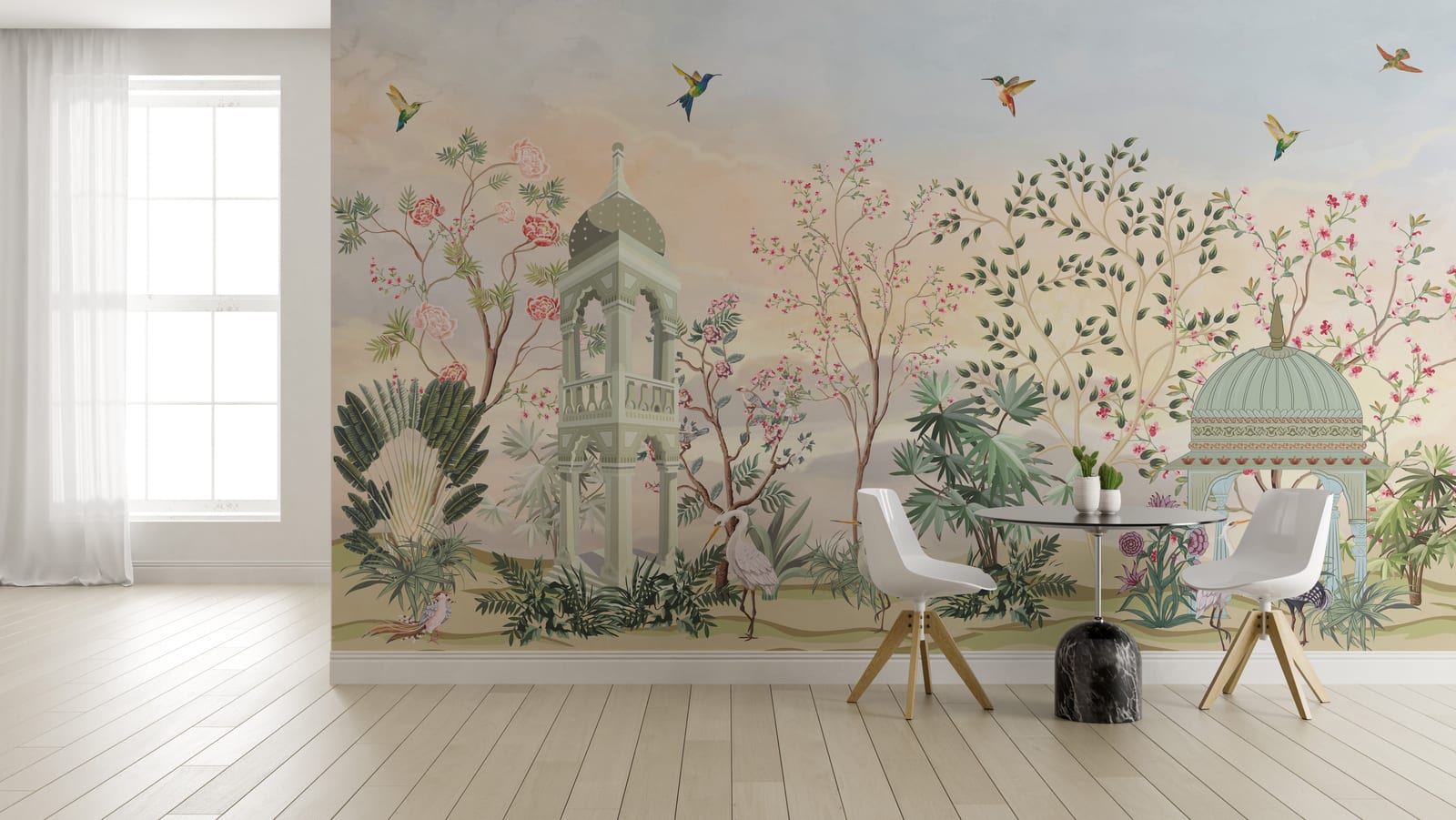 Elegant floral wallpaper featuring birds trees and pavilion in muted colors for dining room