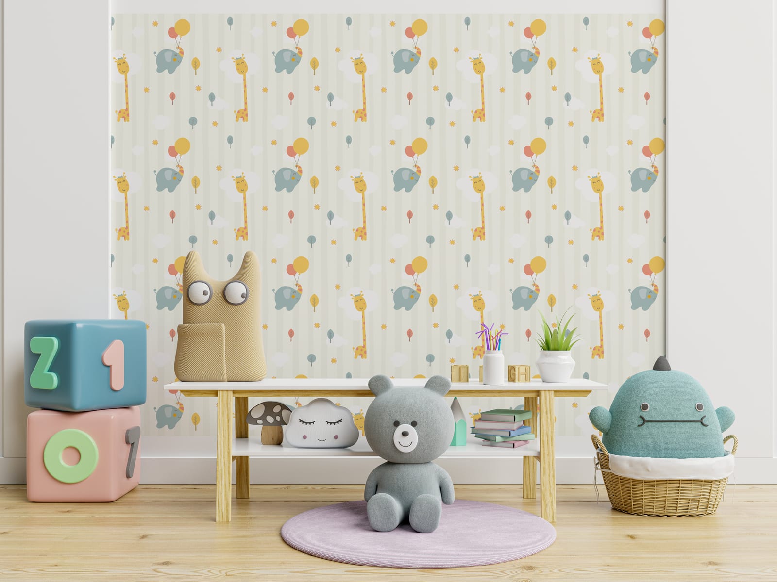 Soft safari wildlife wall art enhancing kids bedroom interior with light pastel playful character