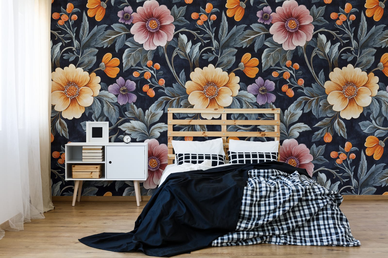 Vintage botanical wallpaper featuring large peach flowers and leafy patterns for bedroom decor