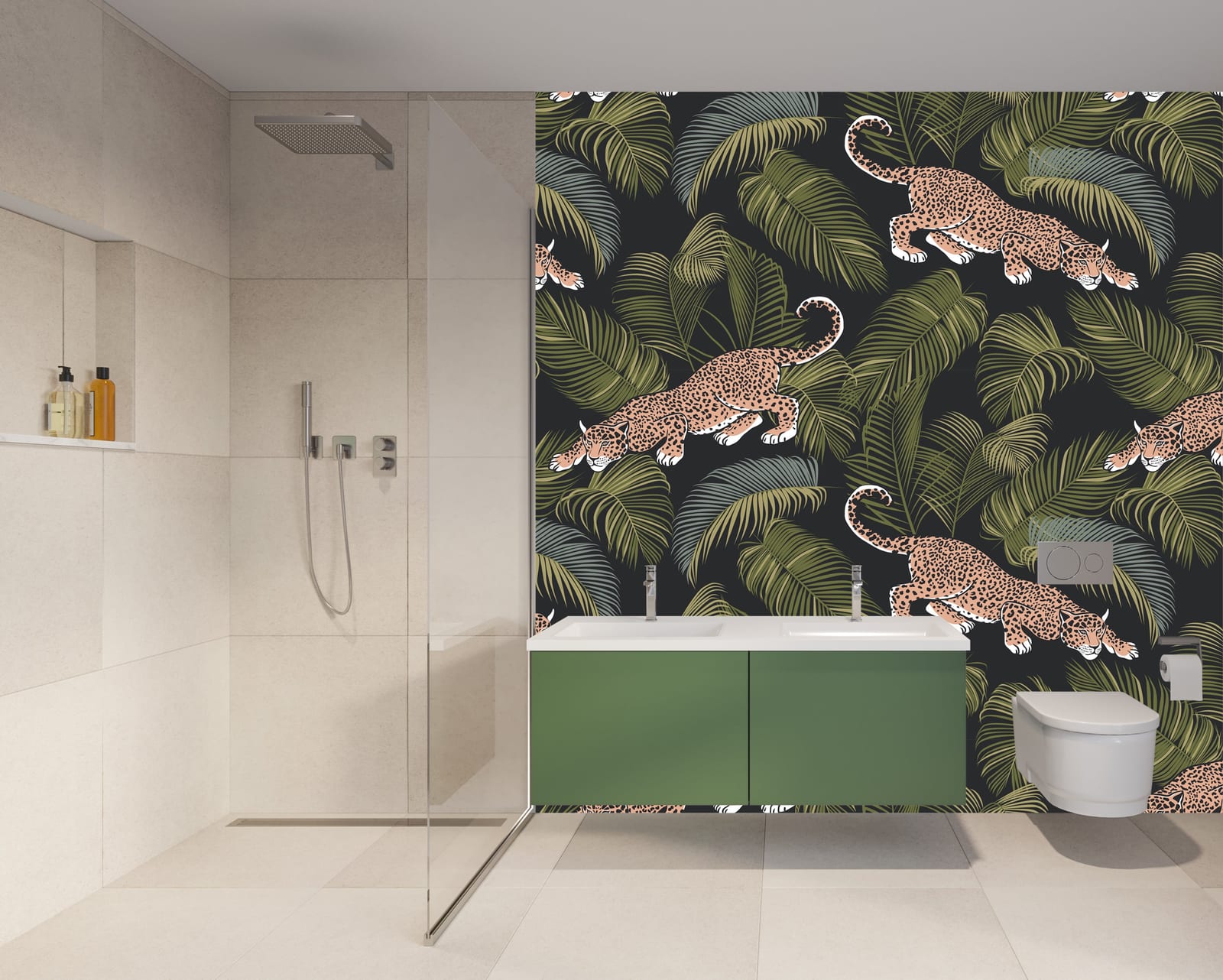 Tropical leopard wall design with green leaves and black backdrop for bathroom wall decor