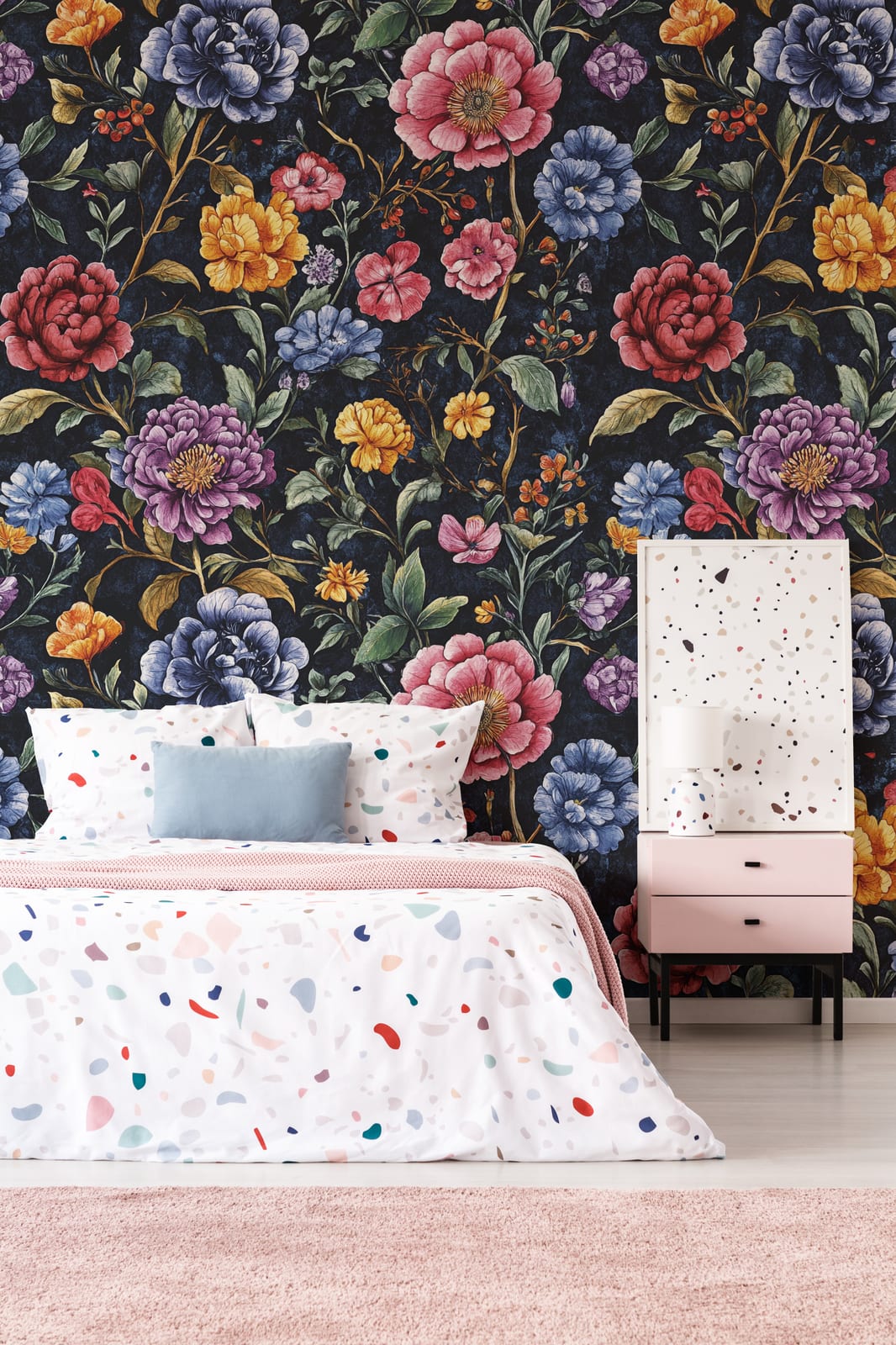 Elegant bedroom accent wall wallpaper showcasing colorful vintage flowers on dark background, perfect for cozy interior decor