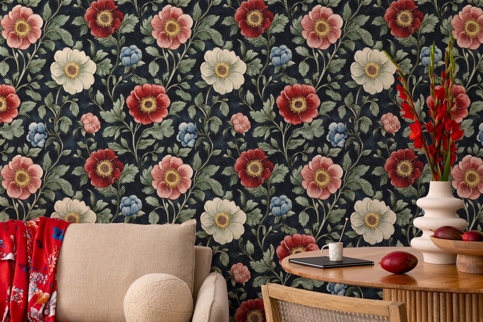 Dining room statement wall with vintage botanical blooms, deep tones, classic elegant ambiance