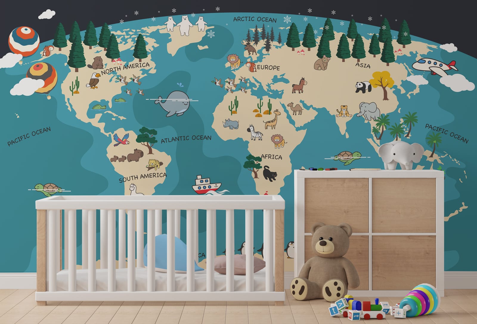 Cute animal world map mural in pastel colors for toddler bedroom design