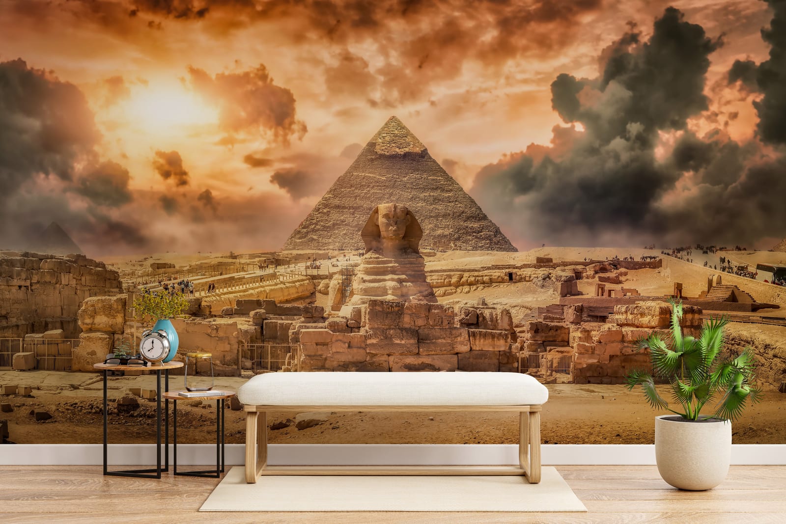 Egyptian landmark wall mural with Sphinx statue pyramid scenery for guest room decor