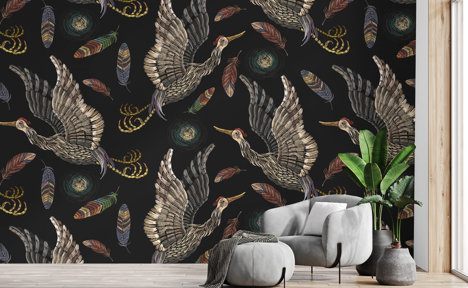 Elegant crane wall mural featuring flying birds, black tones, stylish bedroom interior statement design