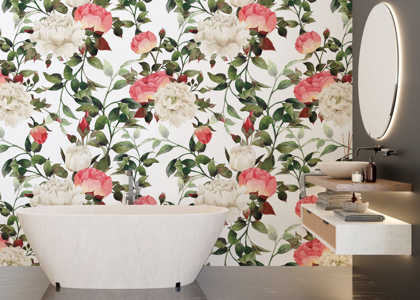 Botanical peony wallpaper with green foliage elevates sophisticated bathroom wall ambiance