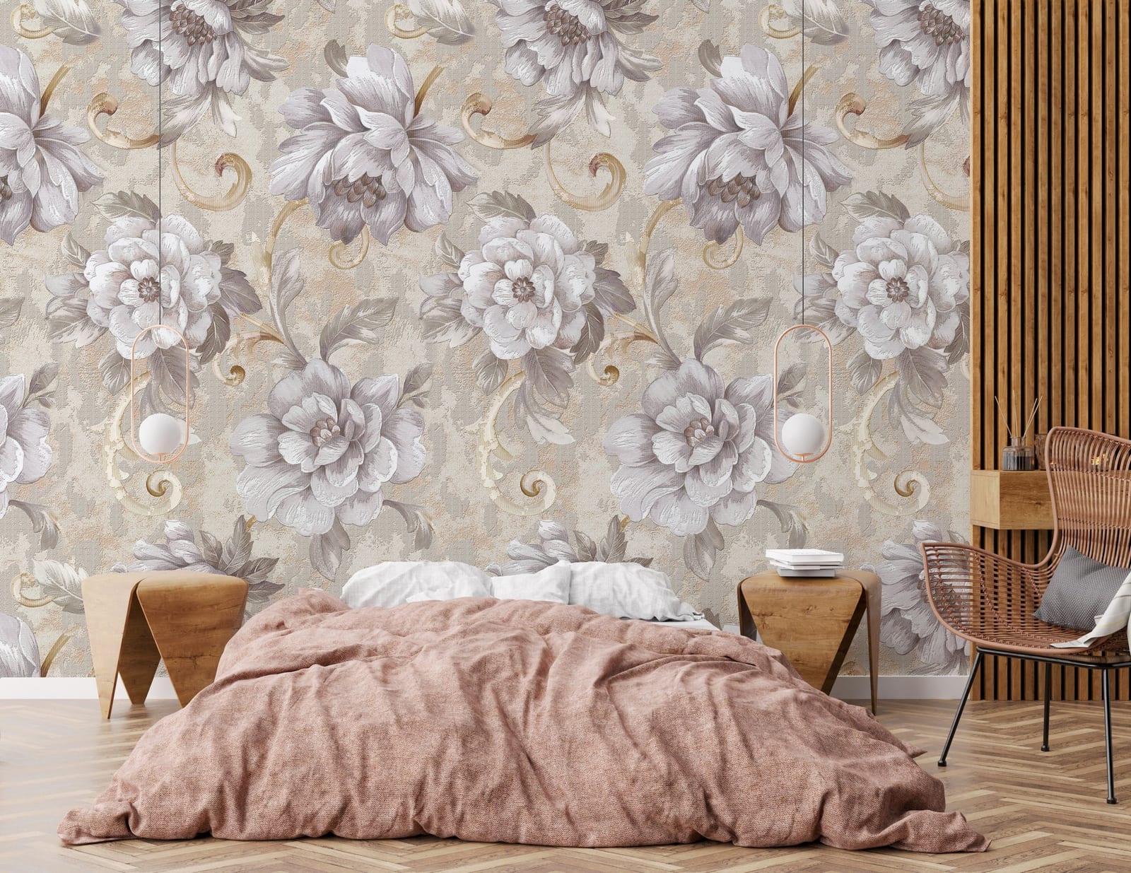 Vintage Floral Wallpaper Beige Fabric Texture Self Adhesive Wall Mural