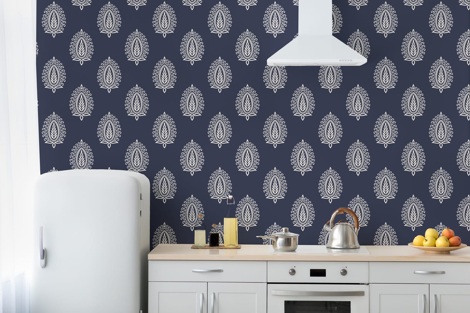 Paisley wallpaper navy boho pattern adds stylish depth to modern kitchen backsplash wall