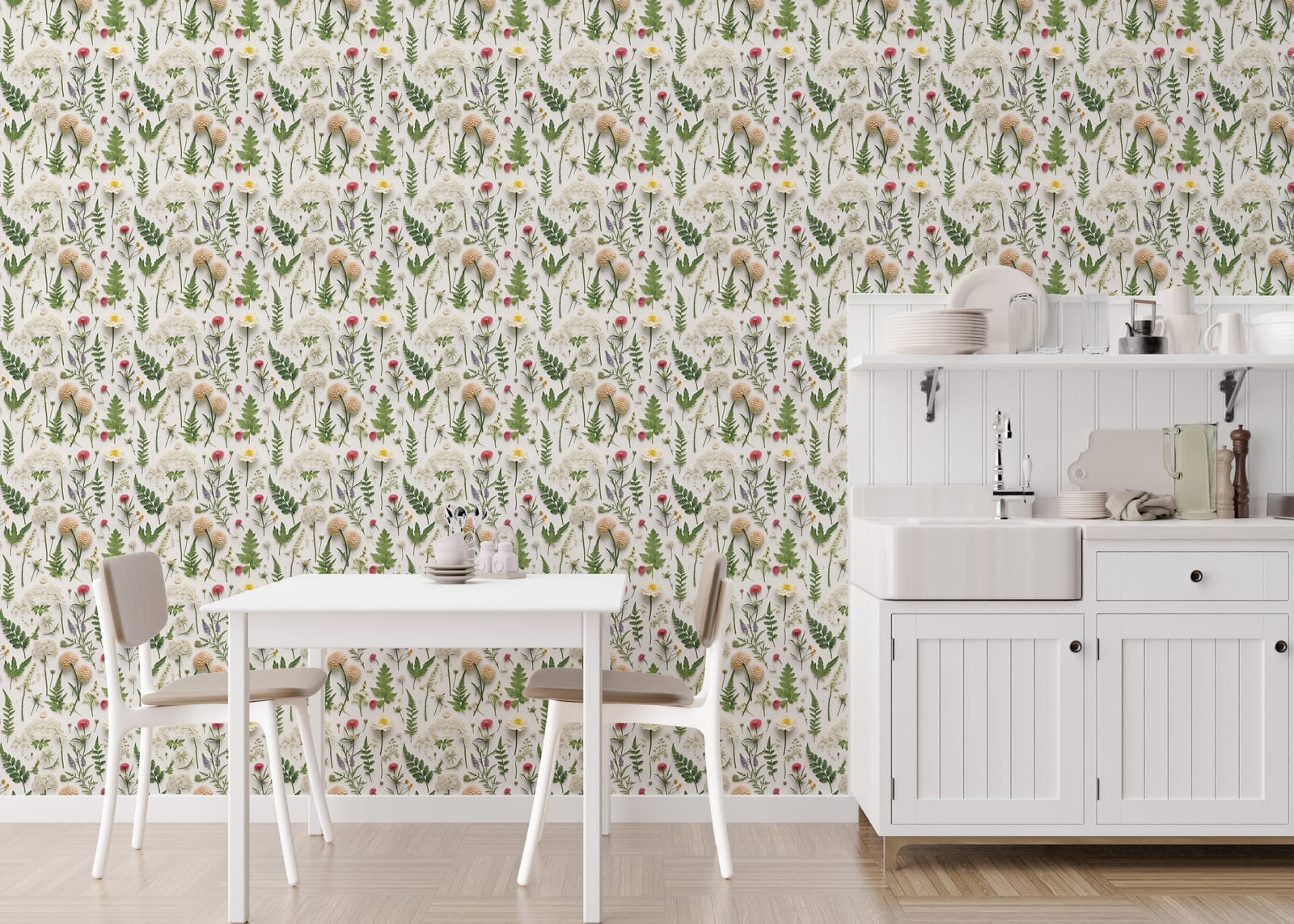Botanical print with wildflower pattern, neutral earthy colors, stylish dining room accent wall