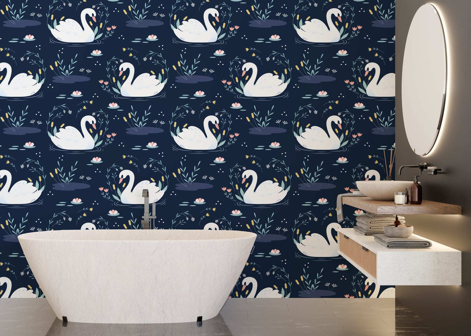 Detailed swan illustration in dark floral tones enhancing modern bathroom aesthetics