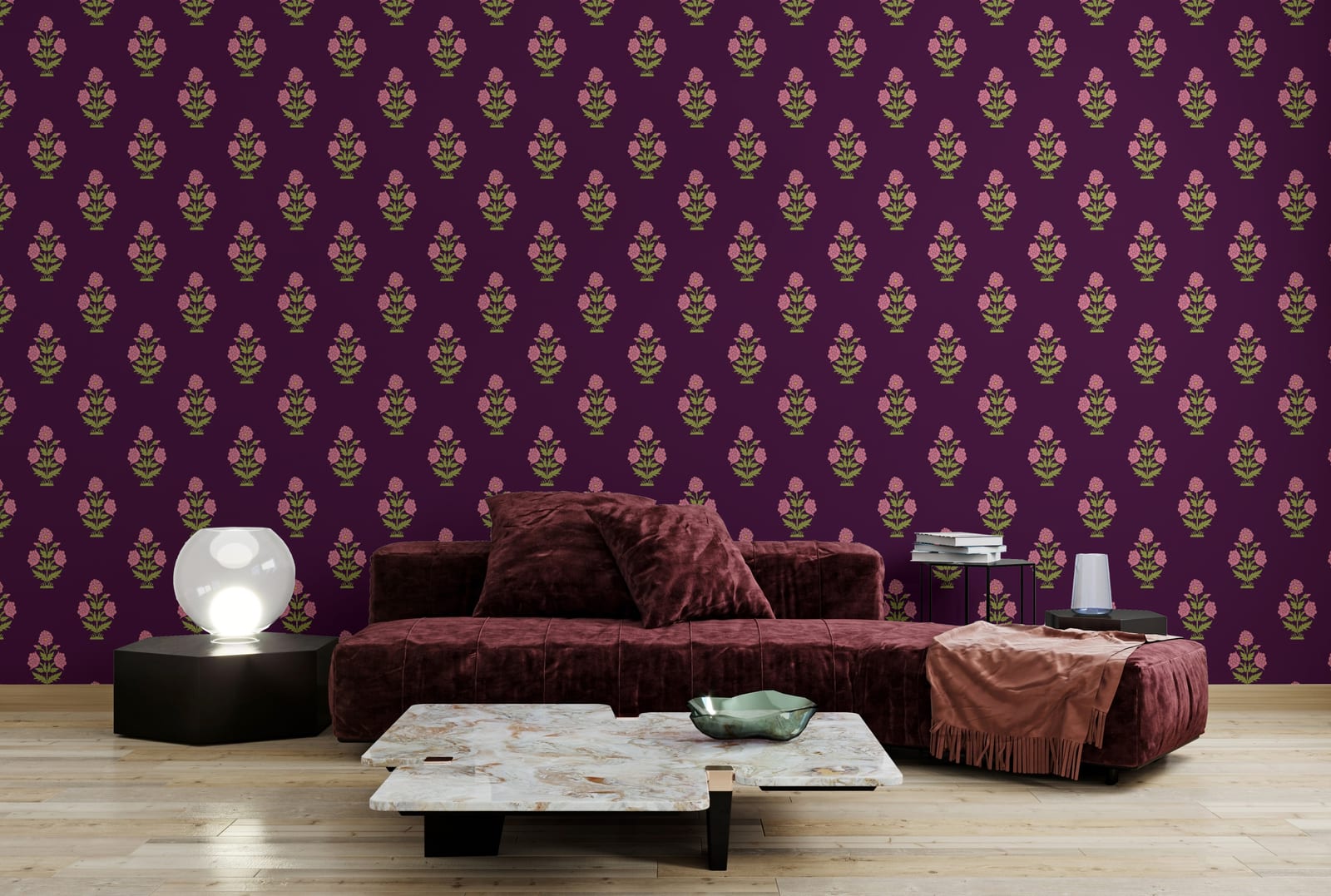 Modern living room interior featuring stylish botanical floral pattern wall mural adding texture depth and artistic character.