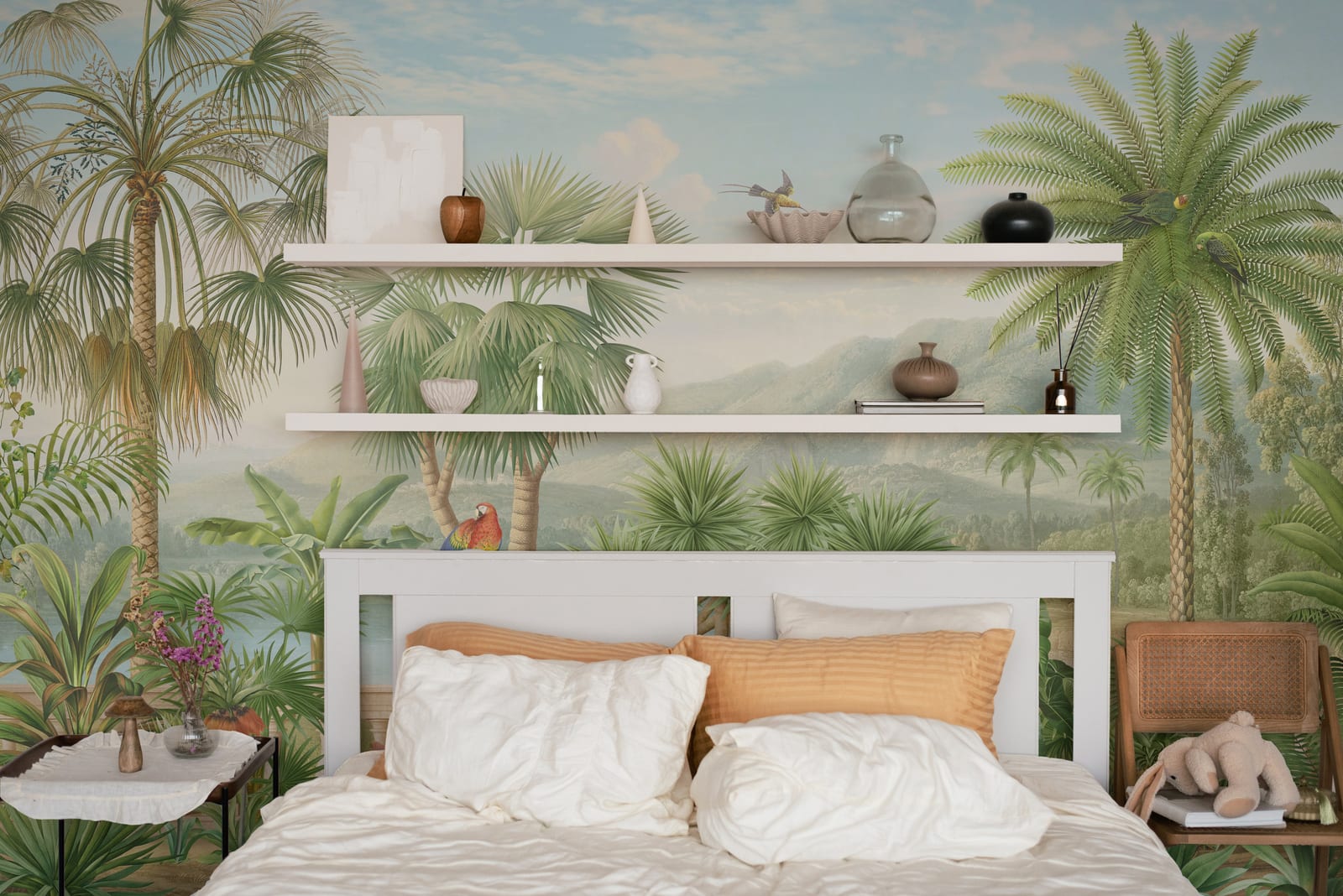 Scenic palm landscape wallpaper adding refreshing energy to apartment living space wall decor with botanical tropical environment.