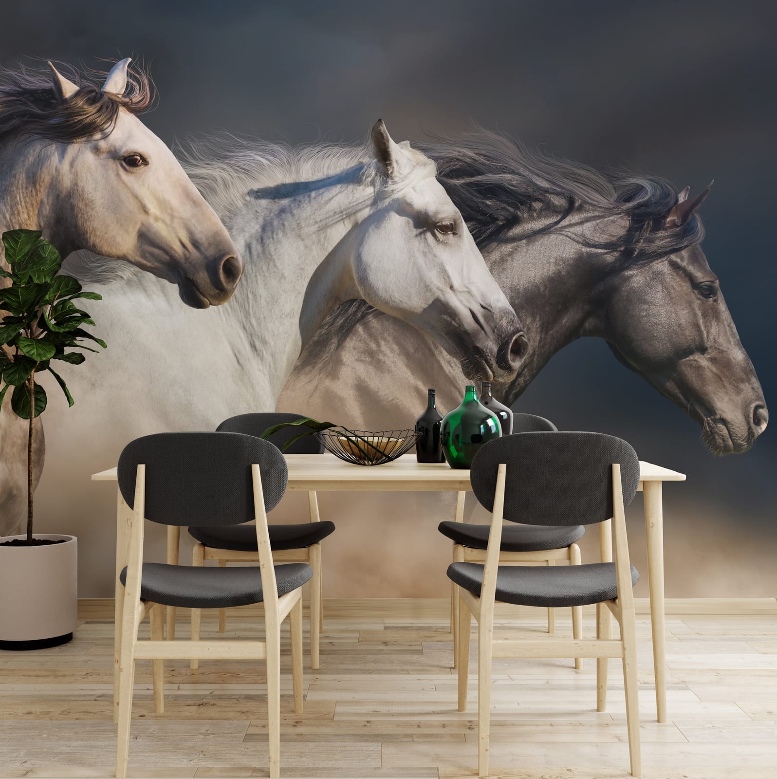 Running horse mural featuring majestic stallions for stylish dining room background