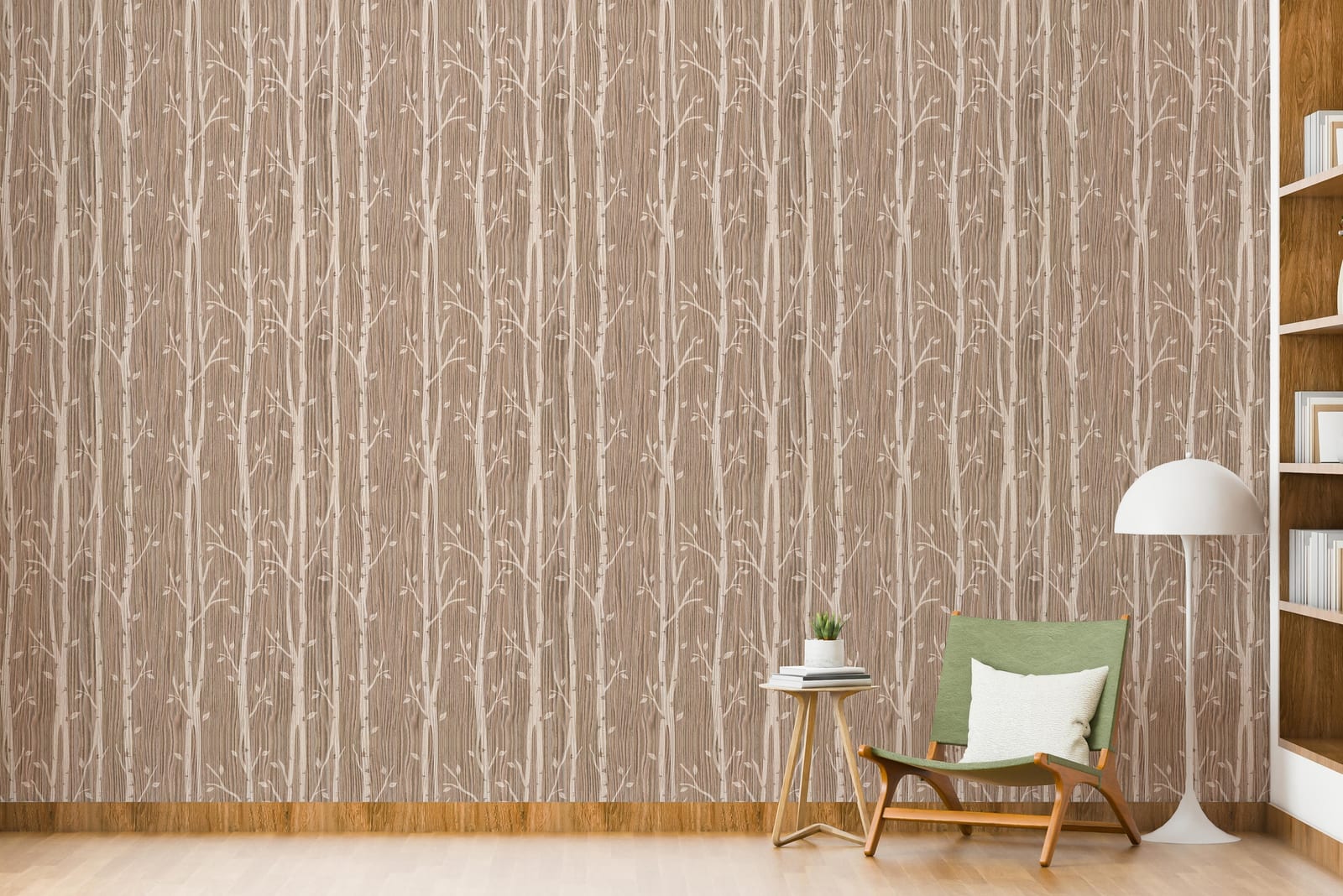 Minimalist lounge space showcasing beige wooden texture and linear tree pattern wall covering
