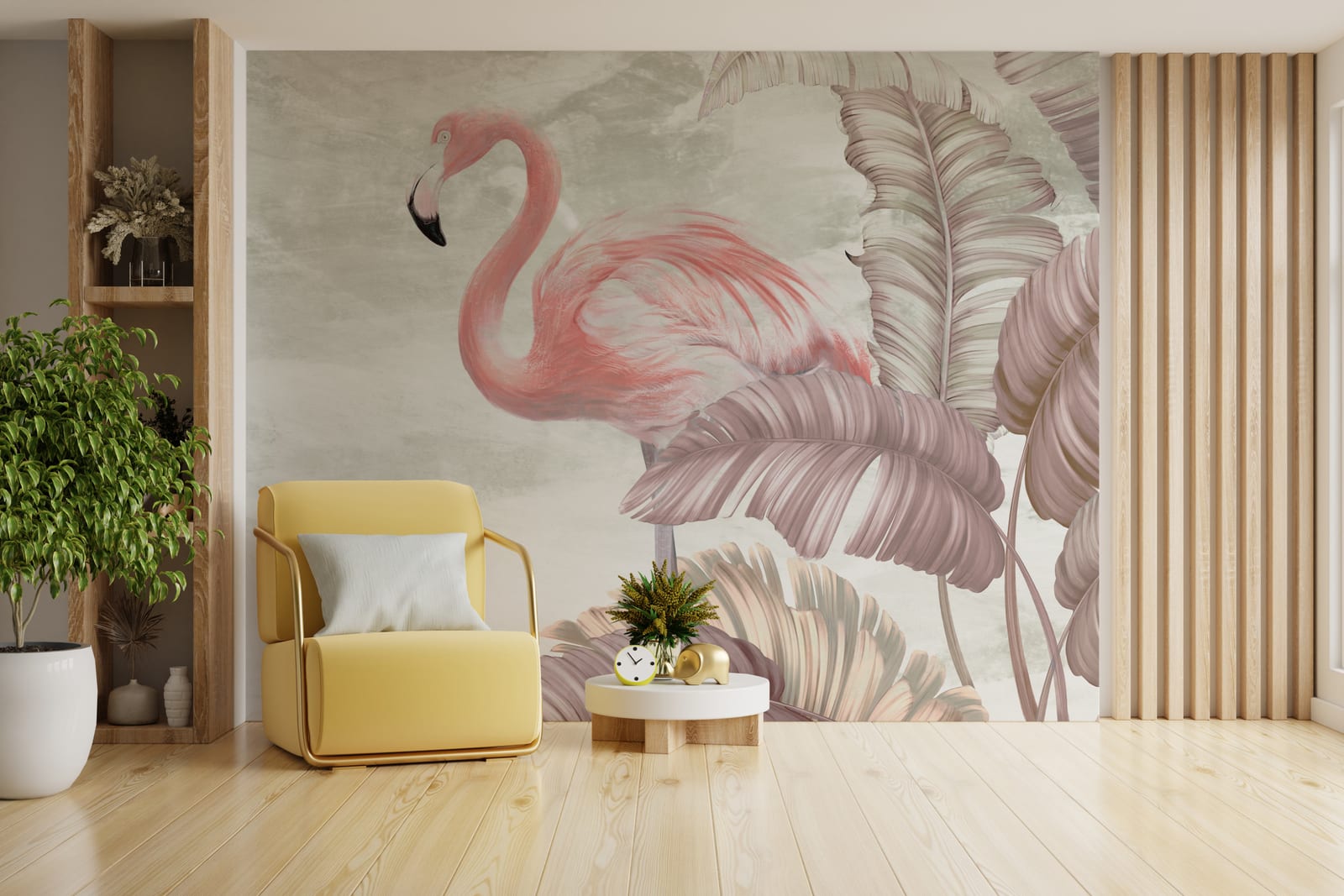 Flamingo wallpaper with soft pink birds and tropical leaves for bedroom decor