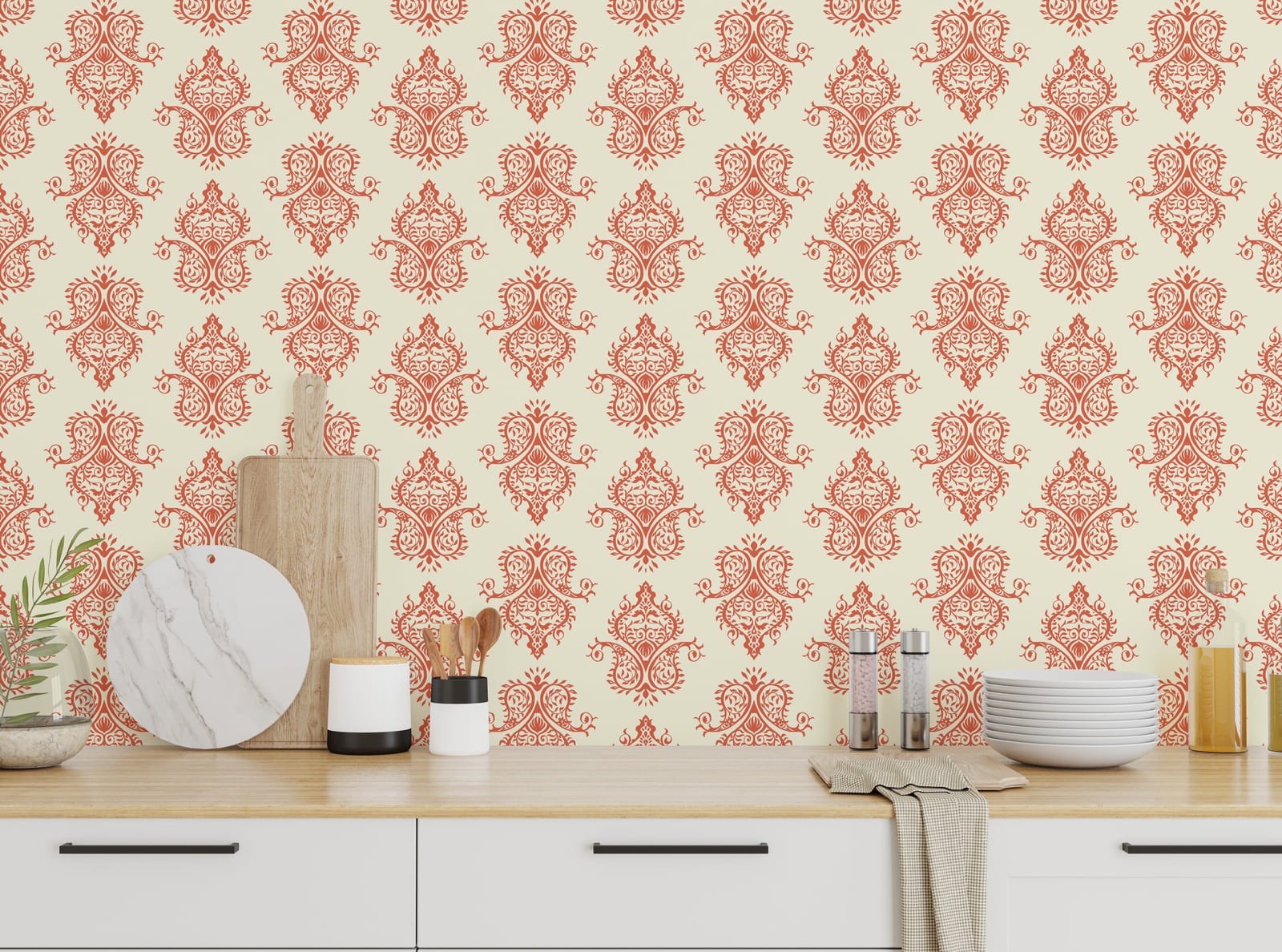 Traditional ornamental damask mural transforming elegant kitchen wall decor with refined heritage design.
