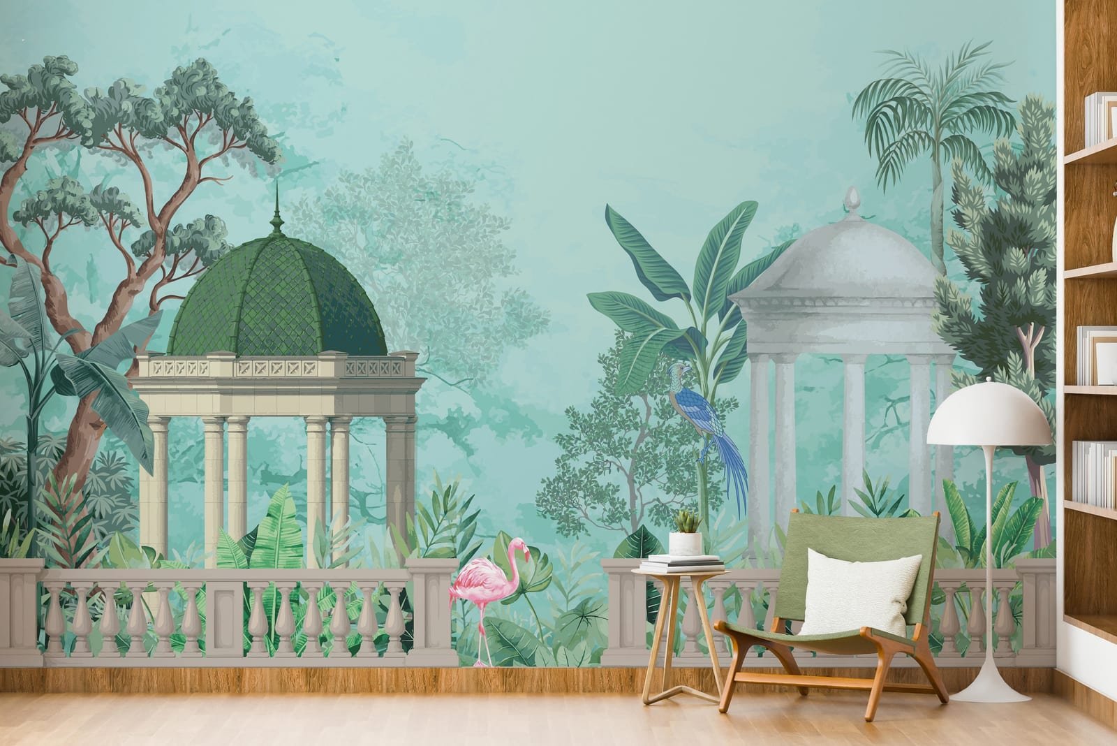 Tropical Oasis Pavilion Wallpaper | Indian Heritage Wall Art | Blue Green Peel and Stick