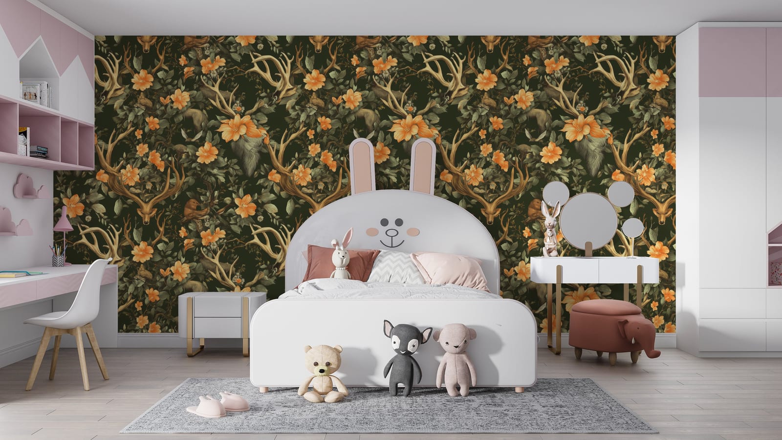 Woodland animal wallpaper with deer, fox, orange florals, dark green kids bedroom decor