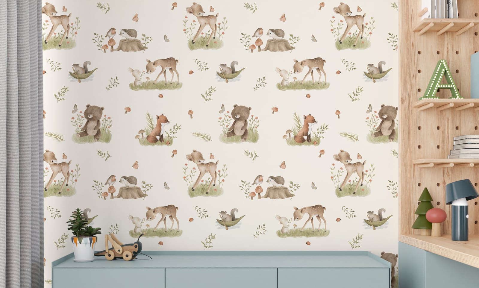 Cute forest creature wall design displayed in children bedroom feature wall bringing playful nature inspired atmosphere and calming earthy tones.