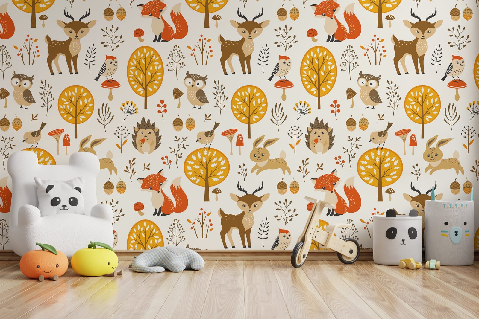 Autumn woodland wallpaper with fox owl deer playful pattern kids playroom