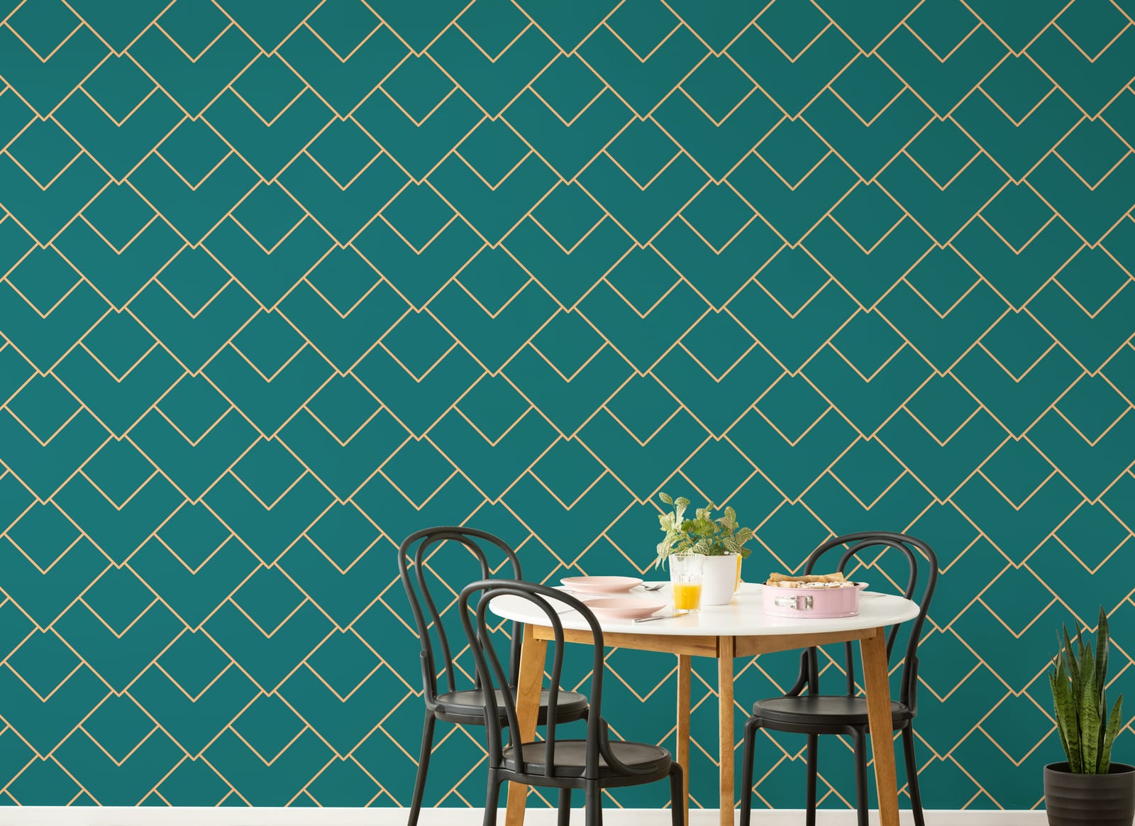 Teal geometric wallpaper with gold lattice pattern enhancing modern dining room interior decor