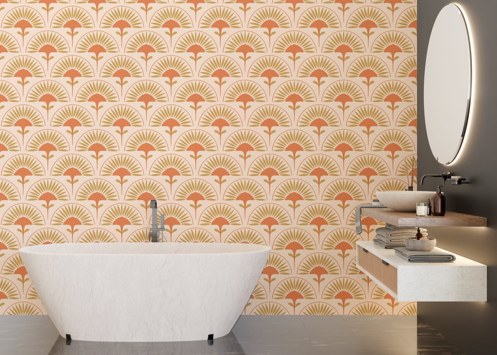 Mid century fan pattern removable wall décor for spa style bathroom interior